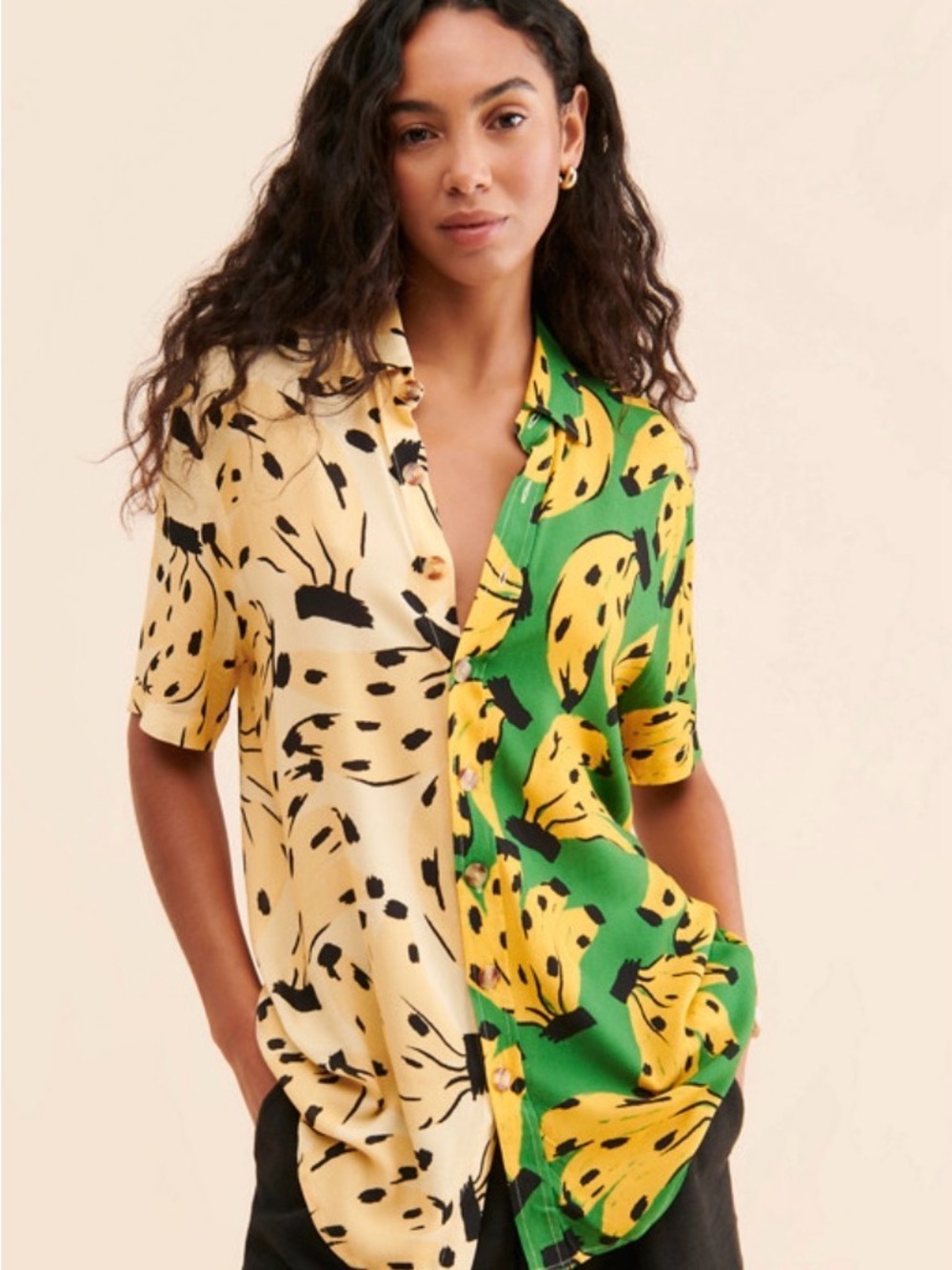 Farm Rio Bossa Banana Two-Tone Yellow & Green Printed Button-Up Top